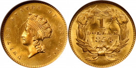 1854 Gold Dollar. Type II. MS-65 (NGC).

Here is an elusive Gem example of the scarce Type II gold dollar, a visually stunning piece with a warm ble...