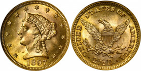 1897 Liberty Head Quarter Eagle. MS-65 (NGC). CAC.

Vibrant tangerine-gold patina surrounds the devices and accent the pale peach coloration. Well s...
