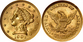 1901 Liberty Head Quarter Eagle. MS-63 (NGC). CAC.

An exceptional Choice example with pale ivory and khaki-gold hues. Very strong luster and CAC ap...