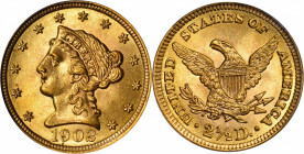 1902 Liberty Head Quarter Eagle. MS-64 (PCGS). CAC. OGH.

A truly superior example, warmly toned in a blend of pinkish and tangerine color. CAC appr...