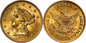 1903 Liberty Head Quarter Eagle. MS-63 (PCGS). CAC.

A lovely Choice example with fiery tangerine hues accented by flashes of powder blue iridescenc...