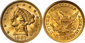 1907 Liberty Head Quarter Eagle. MS-65 (NGC). CAC.

Clouds of powder-blue patina frame the design elements and complement the warmer honey-gold colo...