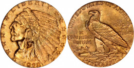 1928 Indian Quarter Eagle. MS-65 (PCGS). OGH.

A lovely Gem with blended tangerine-gold and powder-blue highlights across each side. Strong satin lu...
