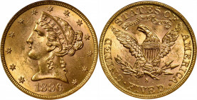 1886-S Liberty Head Half Eagle. MS-63 (NGC). CAC.

A superior example of this popular San Francisco Mint issue with yellow gold patina and pinkish a...