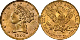 1893 Liberty Head Half Eagle. MS-63 (PCGS). CAC. OGH.

A lovely Choice example with hints of pale lavender and rich honey-gold shades throughout

...