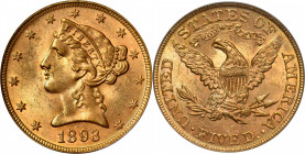 1893 Liberty Head Half Eagle. MS-63 (PCGS). CAC. OGH.

A CAC-approved jewel with pale lavender shades around the devices. This color is enhanced by ...