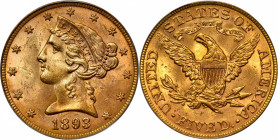 1893 Liberty Head Half Eagle. MS-63 (PCGS). OGH.

Powder-blue dominates the obverse with an area of richer patina near the lower border. The reverse...