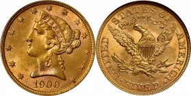 1900 Liberty Head Half Eagle. MS-63 (NGC).

A pleasing medley of peach, powder-blue and yellow gold accents both sides of this Choice example.

PC...