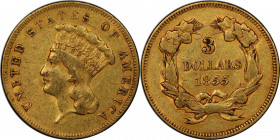 1855 Three-Dollar Gold Piece. EF-45 (PCGS). CAC.

Original honey-gold surfaces display tinges of pale rose iridescence and faint remnants of mint lu...