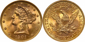 1901-S Liberty Head Half Eagle. MS-65 (NGC).

A beautiful Gem with flashes of powder blue patina and overall apricot-gold color. Satiny in the field...