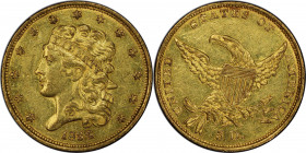 1834 Classic Head Half Eagle. HM-3. Rarity-2. Plain 4. AU-58 (PCGS). CAC.

A thoroughly PQ near-Mint example with vivid golden-olive surfaces that r...