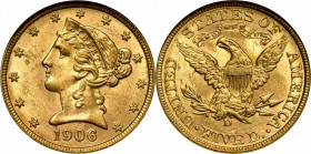 1906-D Liberty Head Half Eagle. MS-63 (NGC). CAC.

A handsome Choice specimen with vibrant yellow-gold shades and intense satin luster across both s...
