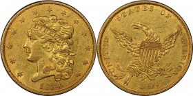 1834 Classic Head Half Eagle. HM-9. Rarity-4. Crosslet 4. AU Details--Cleaned (PCGS).

Warm honey-apricot patina blankets both sides and provides su...
