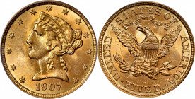 1907 Liberty Head Half Eagle. MS-64 (PCGS). CAC. OGH.

Pleasing powder-blue coloration is accented by a glow of warm yellow-gold patina across each ...