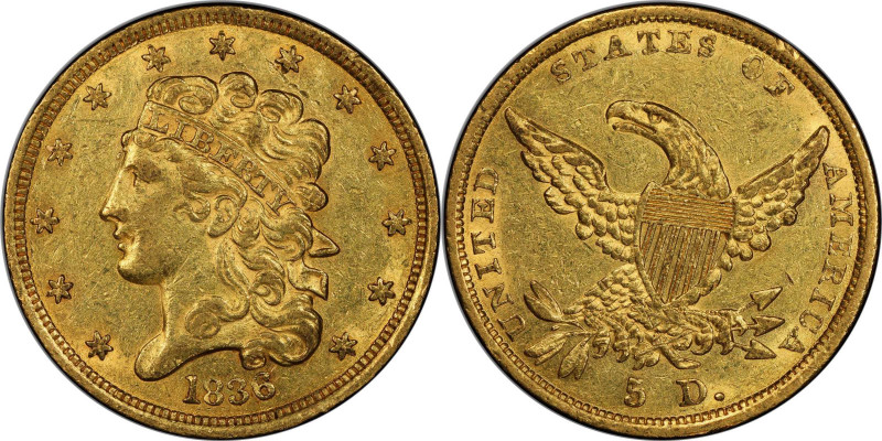 1836 Classic Head Half Eagle. HM-6. Rarity-3. AU-53+ (PCGS). CAC.

Delightful ...