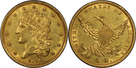 1836 Classic Head Half Eagle. HM-6. Rarity-3. AU-53+ (PCGS). CAC.

Delightful golden-apricot and pale olive colors are seen on both sides of this sh...