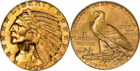 1909-D Indian Half Eagle. MS-64 (PCGS).

This beautiful near-Gem offers vibrant honey-gold shades with hints of sapphire-blue iridescence in the dev...