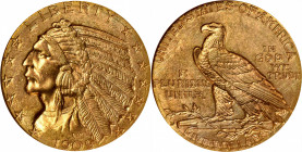 1909-D Indian Half Eagle. MS-63 (NGC). CAC.

Faint powder-blue iridescence accents the warmer honey-gold patina of this superior Choice example. Ava...