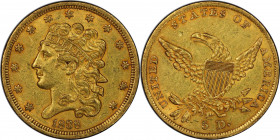 1838 Classic Head Half Eagle. HM-1. Rarity-3. AU-55 (PCGS). CAC.

Wisps of pinkish-apricot iridescence enliven otherwise golden-gray surfaces. An un...