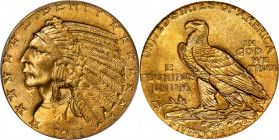 1911 Indian Half Eagle. MS-64 (PCGS). OGH.

The warm yellow-gold surfaces of this incredible near-Gem are bathed in satiny luster across both sides....