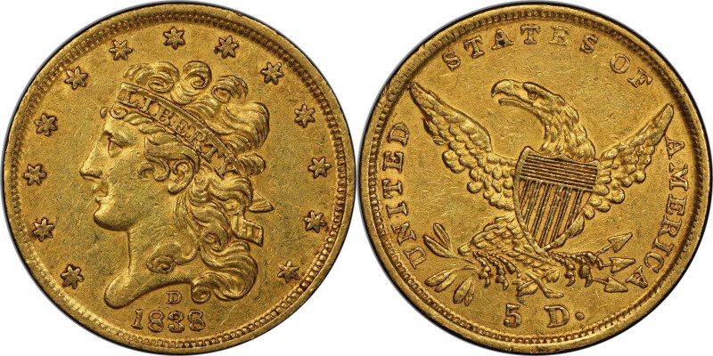 1838-D Classic Head Half Eagle. HM-1, Winter 1-A, the only known dies. Rarity-3....