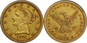 1841-C Liberty Head Half Eagle. Winter-1, the only known dies. EF-40 (PCGS).

Glints of pale rose iridescence mingle with dominant golden-olive colo...
