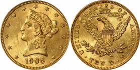 1906-D Liberty Head Eagle. MS-63 (NGC). CAC.

A superior example with pale yellow-gold surfaces and hints of powder blue highlights in areas. Blanke...