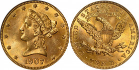 1907 Liberty Head Eagle. MS-64 (PCGS). OGH.

Areas of pleasing lavender toning complement the warm honey-gold patina across each side. Satiny and fr...