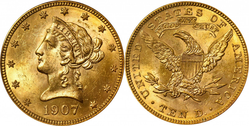 1907 Liberty Head Eagle. MS-63 (PCGS). OGH.

This is a flashy and beautiful ex...