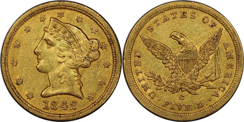 1842-C Liberty Head Half Eagle. Large Date. Winter-1, the only known dies. Die S...