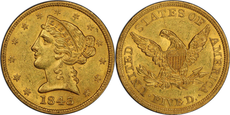 1843 Liberty Head Half Eagle. MS-62 (PCGS). CAC.

Frosty surfaces are in a ver...