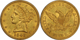 1843 Liberty Head Half Eagle. MS-62 (PCGS). CAC.

Frosty surfaces are in a very high state of preservation for this otherwise readily obtainable 184...