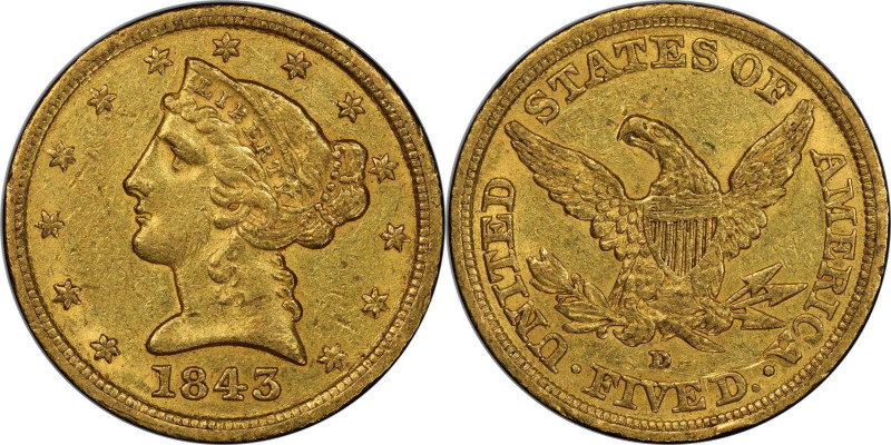 1843-D Liberty Head Half Eagle. Winter 10-G. Small D. AU-55 (PCGS). CAC.

Love...