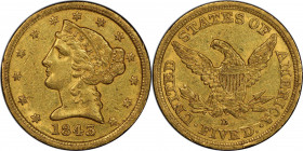 1843-D Liberty Head Half Eagle. Winter 10-G. Small D. AU-55 (PCGS). CAC.

Lovely orange-olive surfaces display a sharp strike in most areas as well ...