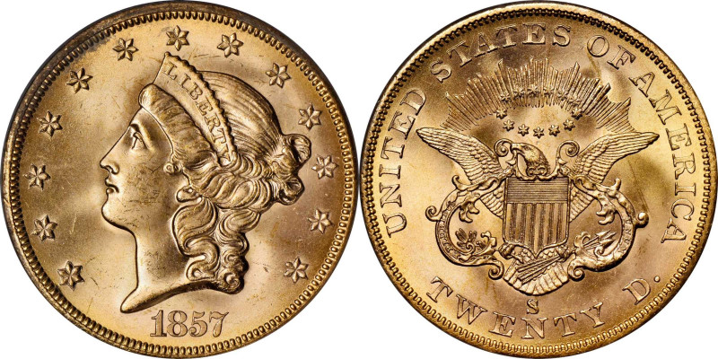 1857-S Liberty Head Double Eagle. SSCA# 4460. Variety-20B. Bold S. Gold S.S. Cen...