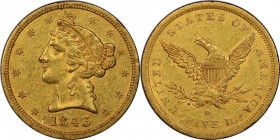 1843-O Liberty Head Half Eagle. Small Letters. Winter-2. Die State I. AU Details--Gouged (PCGS).

The Small Letters is the first variety of half eag...