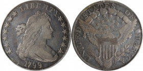1799 Draped Bust Silver Dollar. BB-158, B-16. Rarity-2. VF Details--Cleaned (PCGS).

An otherwise silver-gray sheen is interrupted by charcoal outli...