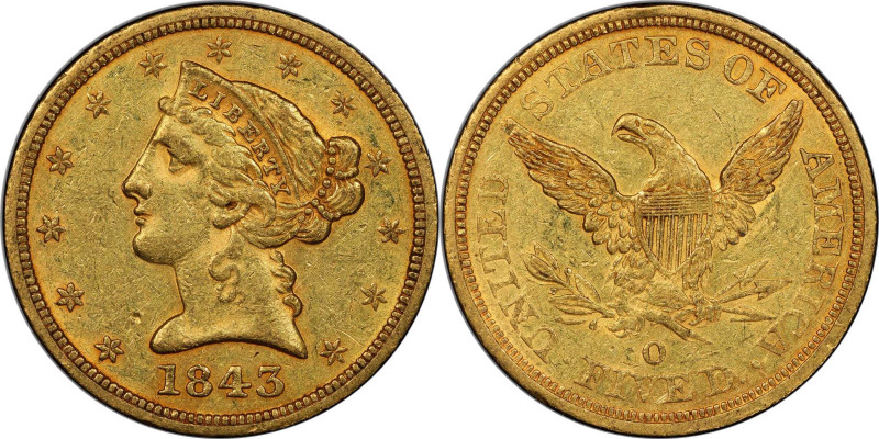 1843-O Liberty Head Half Eagle. Large Letters. Winter-1, the only known dies. AU...