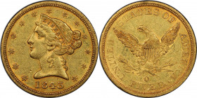 1843-O Liberty Head Half Eagle. Large Letters. Winter-1, the only known dies. AU-53 (PCGS). CAC.

Both sides of this New Orleans Mint half eagle ret...