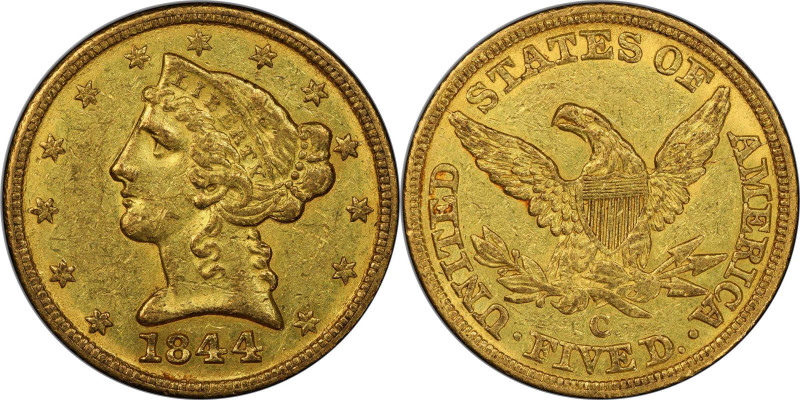 1844-C Liberty Head Half Eagle. Winter-1, the only known dies. Die State III. AU...