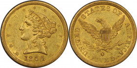 1844-O Liberty Head Half Eagle. Winter-5. AU-58 (PCGS). CAC.

Pretty golden-olive surfaces are predominantly lustrous with a lively frosty texture. ...