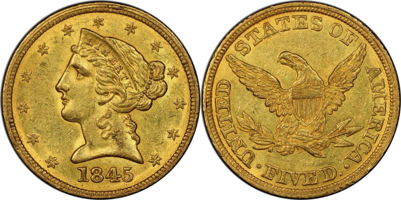 1845 Liberty Head Half Eagle. MS-61 (PCGS). CAC.

Full, frosty mint luster ble...