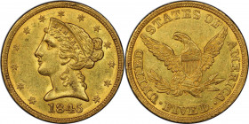 1845 Liberty Head Half Eagle. MS-61 (PCGS). CAC.

Full, frosty mint luster blends with lovely deep gold color on both sides, with a tinge of pale ol...