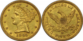 1845-D Liberty Head Half Eagle. Winter 13-I. AU-58 (PCGS). CAC.

Displaying medium golden color with a tinge of pale olive, this is an exceptional c...