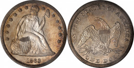 1863 Liberty Seated Silver Dollar. Proof-64 Cameo (PCGS).

A boldly cameoed near-Gem with wisps of iridescent toning that appear to drift toward the...