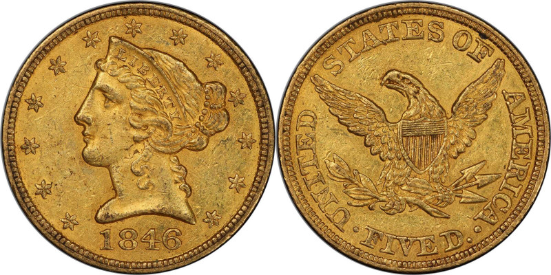 1846 Liberty Head Half Eagle. Large Date. AU-58 (PCGS). CAC.

Glints of pale s...