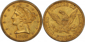 1846 Liberty Head Half Eagle. Large Date. AU-58 (PCGS). CAC.

Glints of pale silver adorn otherwise deep honey-orange surfaces on both sides of this...