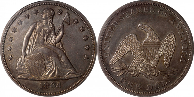 1864 Liberty Seated Silver Dollar. OC-1. Rarity-2. Repunched Date. AU-55 (PCGS)....