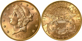 1907 Liberty Head Double Eagle. MS-64 (NGC). CAC.

A superior CAC-approved example with rich peach and apricot toning and strong satiny luster throu...