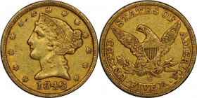 1846-C Liberty Head Half Eagle. Winter-1, the only known dies. EF-45 (PCGS). CAC.

Warm honey-olive color blankets surfaces that retain flickers of ...